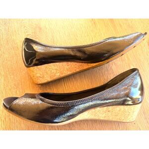 Cole Haan Air Tali Open Toe Wedge Patent Leather Black Cork Heel Womens Size 10
